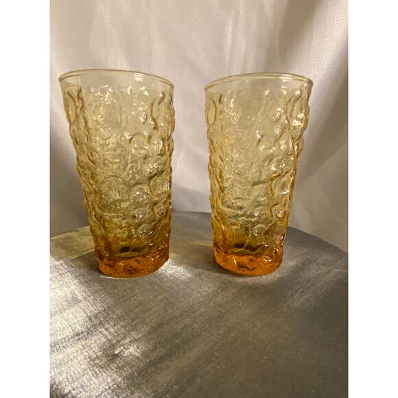 MCM TWO Anchor Hocking Lido Milano Amber Gold 12 oz 5.50 inch Drink Glasses VGUC - Picture 1 of 14